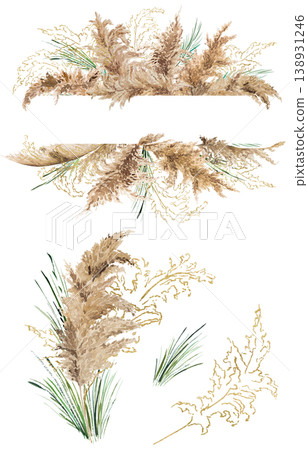 Watercolor beige pampas grass frame and bouquet clipart, Boho Wedding isolated illustration 138931246