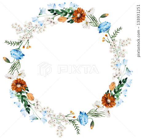 Watercolor wreath with blue, ivory and orange wildflowers, rustic isolated illustration for stationery Watercolor wreath with blue, ivory and orange wildflowers, rustic isolated illustration for stationery 138931251