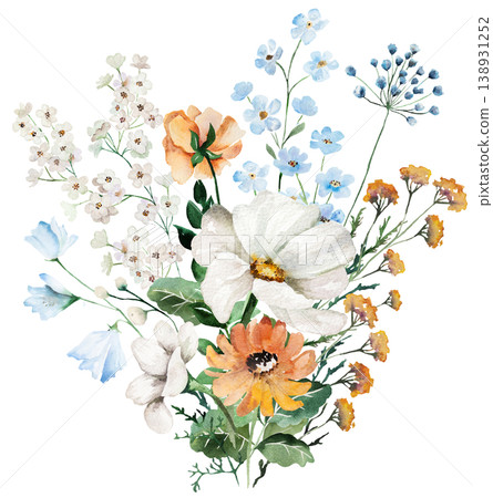 Watercolor bouquet with blue, ivory and orange wildflowers, rustic isolated illustration for stationery 138931252