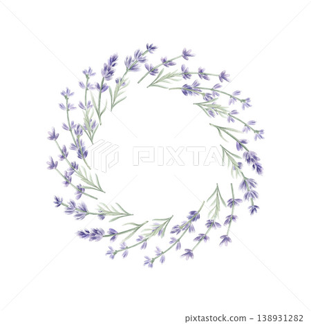 Wreath of lavender sprigs watercolor  isolated illustration. Delicate round floral frame in Provence style sticker template with copy space . Hand drawn elegant  botanical frame clip art. 138931282