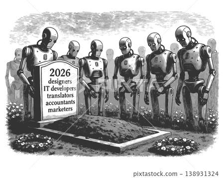 Robots Standing Over Grave of Human Jobs Future Robots Standing Over Grave of Human Jobs Future 138931324