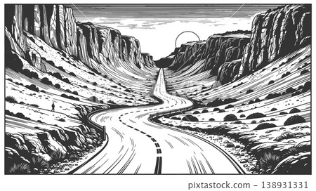 Winding Desert Road Through Canyon Landscape Winding Desert Road Through Canyon Landscape 138931331