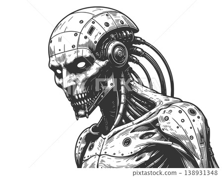 Cyberpunk Skull Robot Exposed Mechanical Wires Cyberpunk Skull Robot Exposed Mechanical Wires 138931348