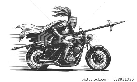 Medieval Knight Riding Motorcycle With Lance 138931350