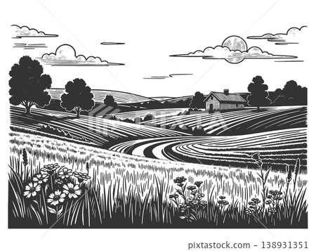 Peaceful Countryside Landscape Farm and Fields 138931351