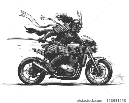 Samurai Riding Motorcycle with Sword Action Scene 138931358