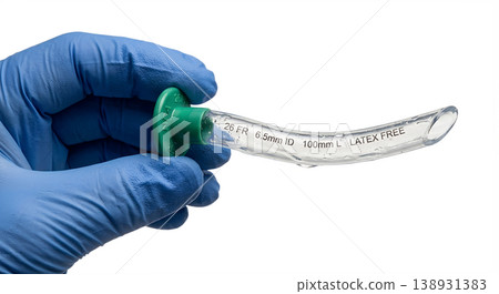 Hand holding a soft rubber nasal trumpet airway (nasopharyngeal airway) with a flared end, isolated on transparent background for emergency airway management Hand holding a soft rubber nasal trumpet airway (nasopharyngeal airway) with a flared end, isolated on transparent background for emergency airway management 138931383