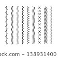 Geometric embroidery borders with decorative sewing patterns. Vector textile dividers featuring cross-stitch motifs, black thread elements, and seamless design edges for creative applications 138931400