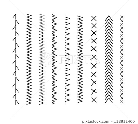 Geometric embroidery borders with decorative sewing patterns. Vector textile dividers featuring cross-stitch motifs, black thread elements, and seamless design edges for creative applications Geometric embroidery borders with decorative sewing patterns. Vector textile dividers featuring cross-stitch motifs, black thread elements, and seamless design edges for creative applications 138931400