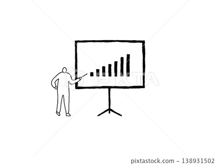 手繪插圖（線條畫），畫面中一位主持人站在螢幕左側講話。 138931502
