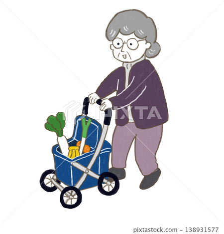An old woman pushes a shopping cart and goes shopping. An old woman pushes a shopping cart and goes shopping. 138931577