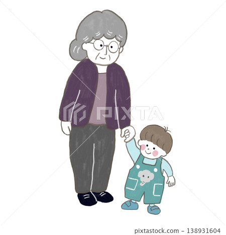 一位老婦人和一個小男孩手牽手站著。 一位老婦人和一個小男孩手牽手站著。 138931604