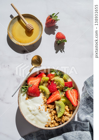 Balanced breakfast with yogurt, granola and fruits, top view with copy space Balanced breakfast with yogurt, granola and fruits, top view with copy space 138931655
