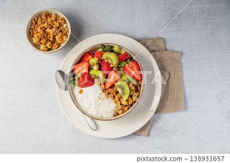 Balanced breakfast with yogurt, granola and fruits, top view 138931657