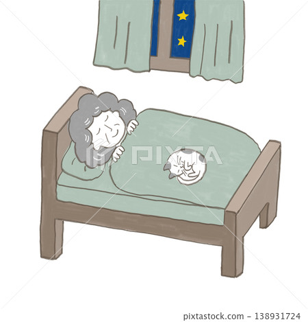 An old woman is sleeping in her futon, and a cat is curled up and sleeping on top of her. An old woman is sleeping in her futon, and a cat is curled up and sleeping on top of her. 138931724