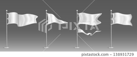 Realistic 3D white flag mockup on metal pole 138931729