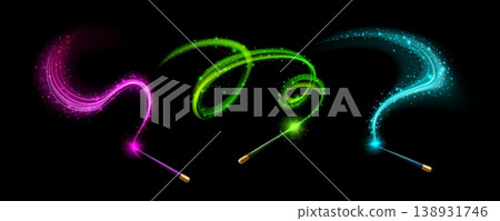Magical wand with glowing sparkles, light trails 138931746