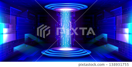Futuristic digital podium with blue neon screen 138931755