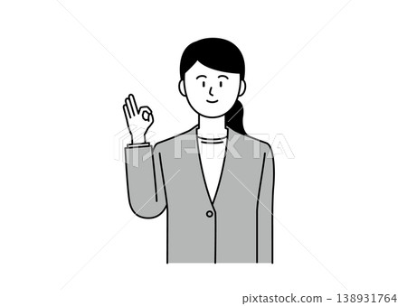 插圖描繪了一位身穿夾克的年輕女子麵帶微笑地比出「OK」手勢。 插圖描繪了一位身穿夾克的年輕女子麵帶微笑地比出「OK」手勢。 138931764