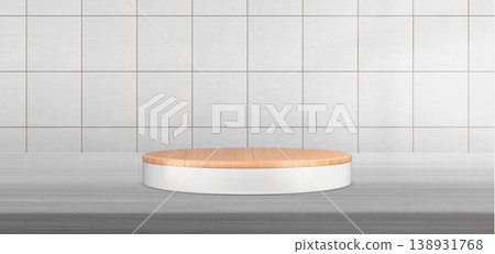 White wooden podium, kitchen counter and tile wall 138931768