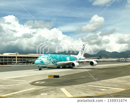 An All Nippon Airways A380 aircraft before takeoff at Honolulu Airport. 138931874