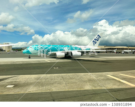 An All Nippon Airways A380 aircraft before takeoff at Honolulu Airport. 138931894