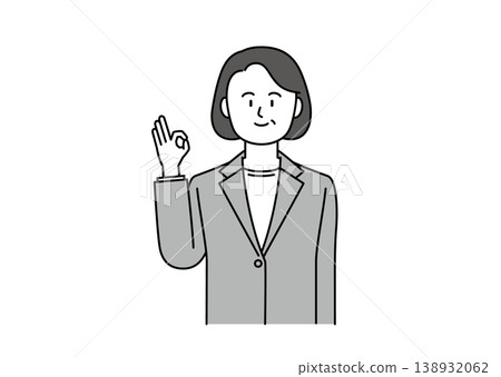 一幅插圖，描繪了一位身穿西裝的中年女性面帶微笑地比出「OK」手勢。 138932062