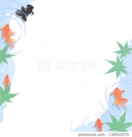 金魚邊框（藍色楓葉、漣漪、陰影、方形、透明背景） - 日式風格向量素材，適合初夏，俯視視角。 138932070