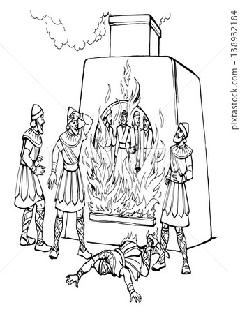 Vector drawing. The king looks at the youths in the oven Vector drawing. The king looks at the youths in the oven 138932184