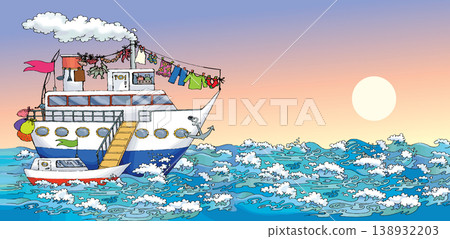 Pencil drawing. The gangway is lowered from the ship onto the boat. Pencil drawing. The gangway is lowered from the ship onto the boat. 138932203