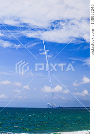 The magnificent moment of the rocket launch unfolds on the beach of Tanegashima Island. The magnificent moment of the rocket launch unfolds on the beach of Tanegashima Island. 138932246