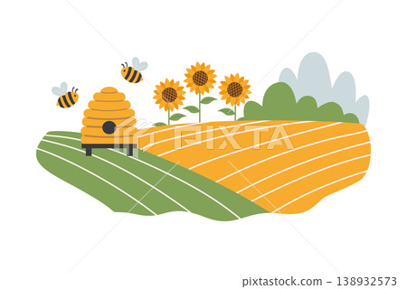 Beehive in a sunflower field with flying bees, rural landscape with apiary and farm garden, organic honey production vector illustration 138932573