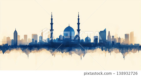 Sheikh zayed grand mosque standing out in abu dhabi skyline watercolor painting 138932726