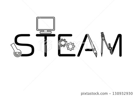 A combination of the word STEAM and a simple monochrome illustration representing it. A combination of the word STEAM and a simple monochrome illustration representing it. 138932930