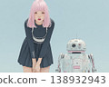 Emi系列：粉紅色頭髮的年輕女子站在一個白色機器人旁邊的插圖 138932943