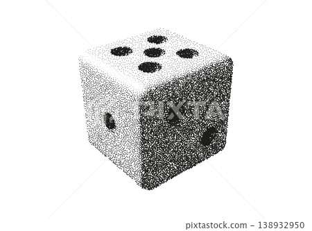 Dotwork stippled 3D dice cube illustration isolated on background in minimalist black and white style Dotwork stippled 3D dice cube illustration isolated on background in minimalist black and white style 138932950