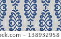 Ikat ethnic seamless pattern with blue floral abstract design. Rug textured vector print of embroidery art for traditional retro motif on textile and fabric. 138932958
