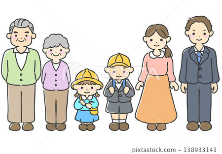 一幅描繪三代同堂家庭的簡單平面插圖 | 父母與孩子溫馨的日常場景。 138933141