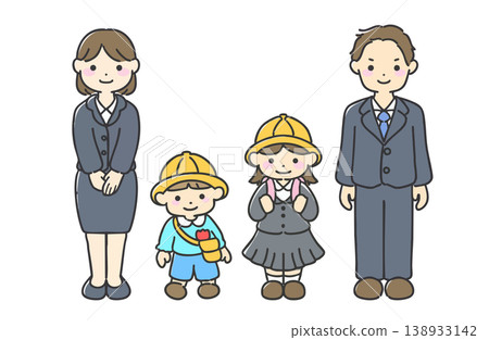 Illustration of a dual-income family | Illustration of a man and woman in suits with children Illustration of a dual-income family | Illustration of a man and woman in suits with children 138933142
