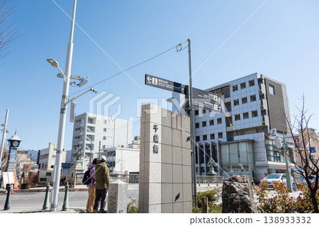 The scenery of Matsumoto, a castle town, with the stone pillars of Chitose Bridge and modern buildings. The scenery of Matsumoto, a castle town, with the stone pillars of Chitose Bridge and modern buildings. 138933332