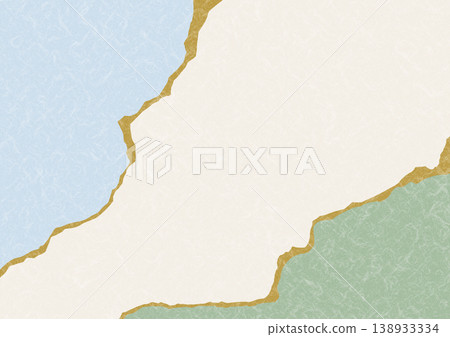 Gold leaf torn washi paper background, Unryu paper texture, refreshing green and light blue color scheme, with margins, Japanese style design material. 138933334