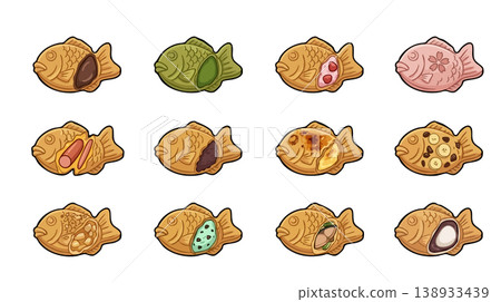 Taiyaki japanese fish-shaped cake vector set with various fillings Taiyaki japanese fish-shaped cake vector set with various fillings 138933439