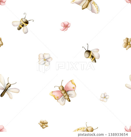 Cute insects And Flowers Seamless Pattern. Butterfly Bee Dragonfly Moth Watercolor illustration hand painted isolated on white background for nursery baby kids design spring summer fabrics textile Cute insects And Flowers Seamless Pattern. Butterfly Bee Dragonfly Moth Watercolor illustration hand painted isolated on white background for nursery baby kids design spring summer fabrics textile 138933654