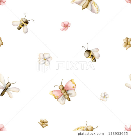 Cute insects And Flowers Seamless Pattern. Butterfly Bee Dragonfly Moth Watercolor illustration hand painted isolated on white background for nursery baby kids design spring summer fabrics textile Cute insects And Flowers Seamless Pattern. Butterfly Bee Dragonfly Moth Watercolor illustration hand painted isolated on white background for nursery baby kids design spring summer fabrics textile 138933655