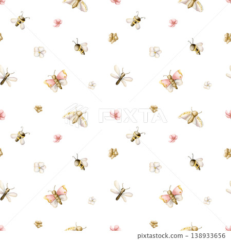 Cute insects And Flowers Seamless Pattern. Butterfly Bee Dragonfly Moth Watercolor illustration hand painted isolated on white background for nursery baby kids design spring summer fabrics textile Cute insects And Flowers Seamless Pattern. Butterfly Bee Dragonfly Moth Watercolor illustration hand painted isolated on white background for nursery baby kids design spring summer fabrics textile 138933656