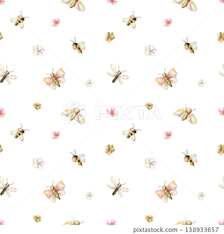 Cute insects And Flowers Seamless Pattern. Butterfly Bee Dragonfly Moth Watercolor illustration hand painted isolated on white background for nursery baby kids design spring summer fabrics textile Cute insects And Flowers Seamless Pattern. Butterfly Bee Dragonfly Moth Watercolor illustration hand painted isolated on white background for nursery baby kids design spring summer fabrics textile 138933657