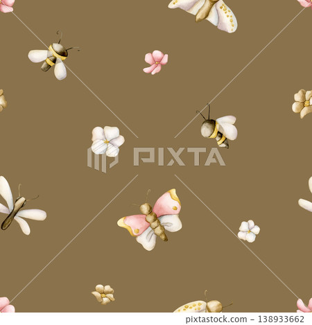 Cute insects And Flowers Seamless Pattern. Butterfly Bee Dragonfly Moth Watercolor illustration hand painted isolated on brown background for nursery baby kids design spring summer fabrics textile Cute insects And Flowers Seamless Pattern. Butterfly Bee Dragonfly Moth Watercolor illustration hand painted isolated on brown background for nursery baby kids design spring summer fabrics textile 138933662