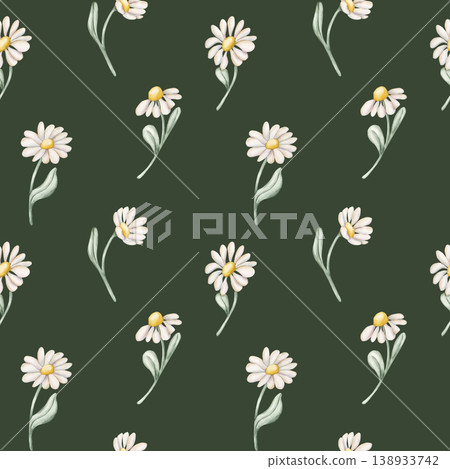 Cute Daisy Chamomile Flowers Seamless Pattern. Wildflowers Watercolor summer spring floral illustration hand painted isolated on dark green background for nursery baby kids design fresh fabric textile Cute Daisy Chamomile Flowers Seamless Pattern. Wildflowers Watercolor summer spring floral illustration hand painted isolated on dark green background for nursery baby kids design fresh fabric textile 138933742