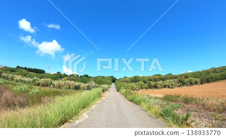 Tsuken Island, red soil farm road and blue sky, Uruma City, Okinawa Prefecture 138933770
