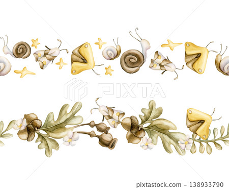 Acorn Oak leaves Poppy Boxes Insects Seamless Borders Set. Cute Watercolor summer floral forest illustration hand painted isolated on white background for nursery baby kids design fresh prints textile Acorn Oak leaves Poppy Boxes Insects Seamless Borders Set. Cute Watercolor summer floral forest illustration hand painted isolated on white background for nursery baby kids design fresh prints textile 138933790